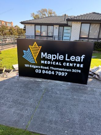 Outdoor panel sign and 3D logo for Maple Leaf medical centre in Thomastown